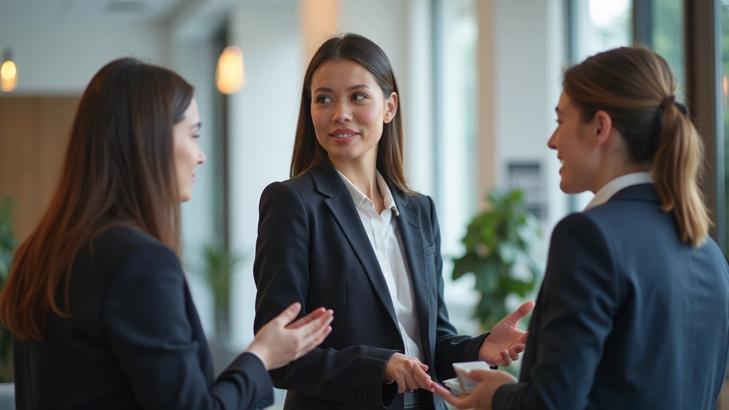 Professional colleagues engaged in meaningful conversation at networking event with modern office backdrop