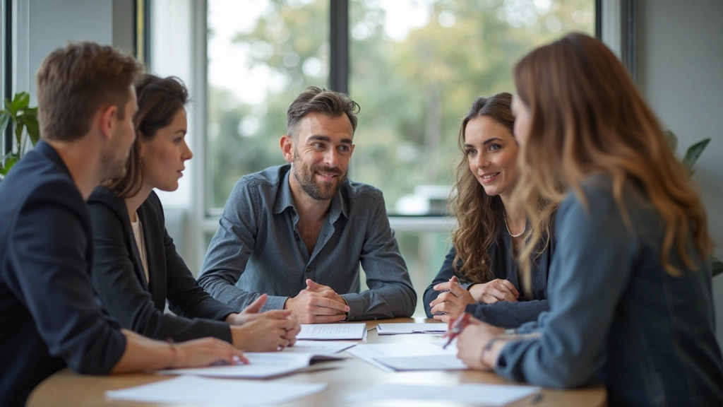 Team of professionals collaborating on career development strategy with charts and planning documents