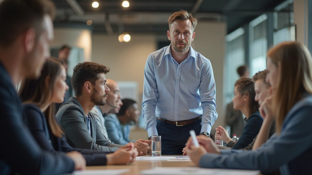 Business professionals engaged in collaborative skills training workshop with interactive discussion