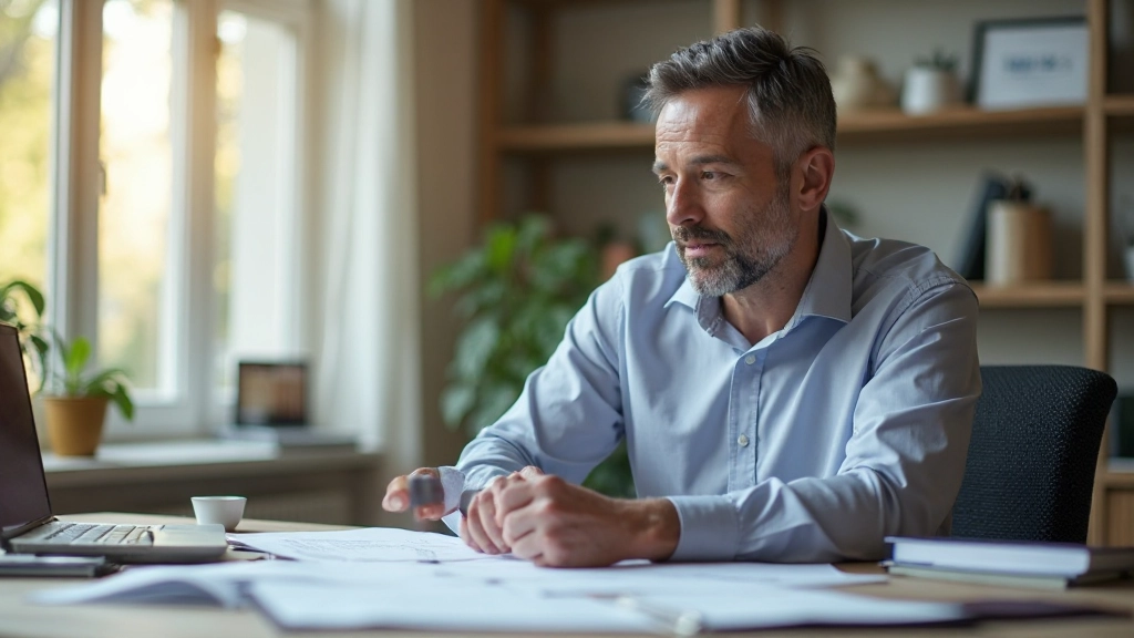 Professional reviewing offer letter with analytical focus at desk with pen and notebook