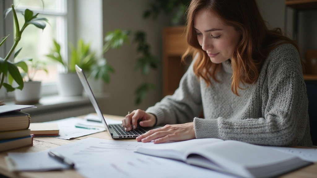 Organized desk with laptop, notepad, and preparation materials for interview research