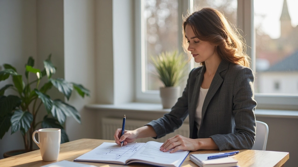 Professional woman planning leadership development roadmap on notebook