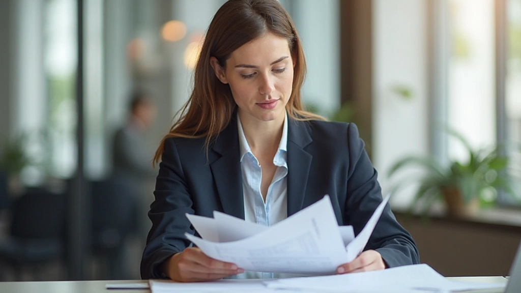 Professional woman preparing for job interview with resume and interview preparation materials in office