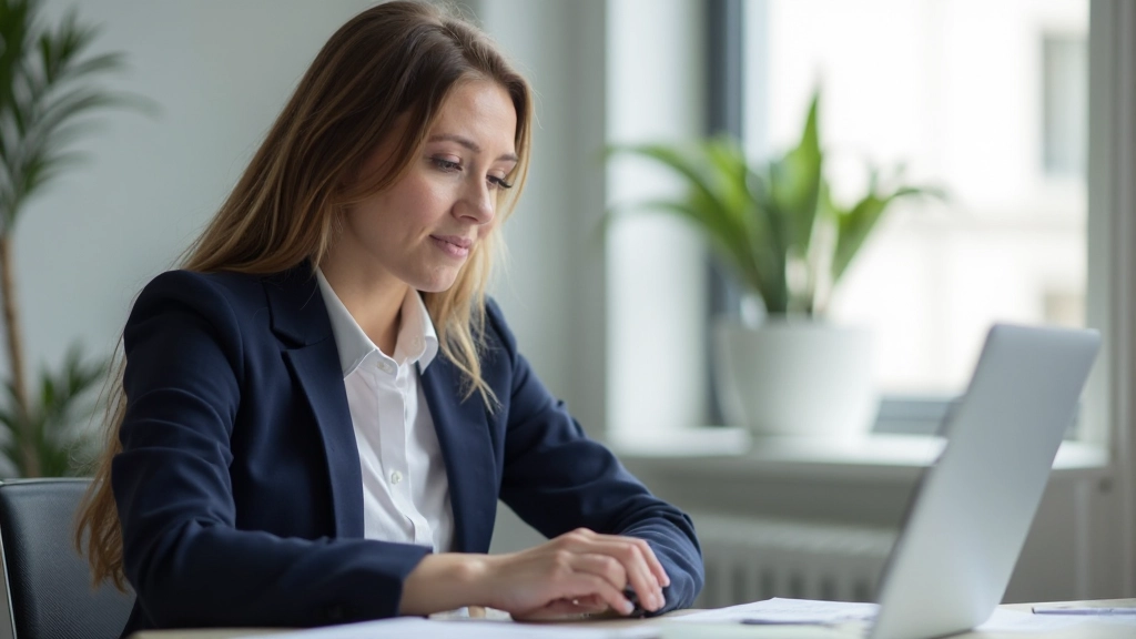 Professional woman developing career strategy at modern office desk with laptop and notebook