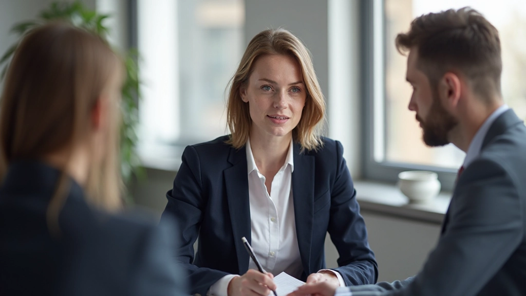 Professional woman engaged in thoughtful discussion with colleague, taking notes during networking conversation in modern collaborative workspace