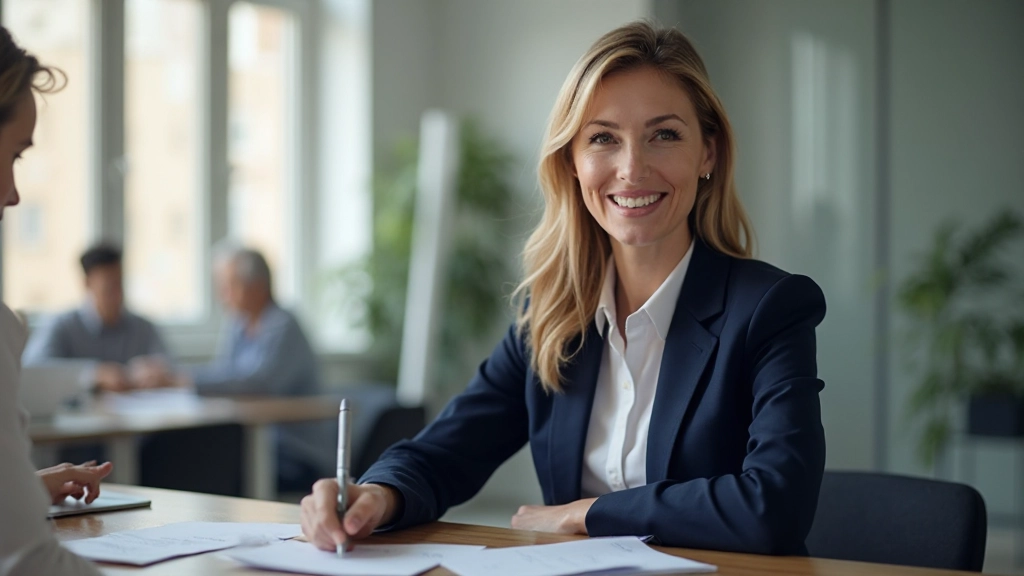 Professional candidate in interview setting with interviewer at modern office desk