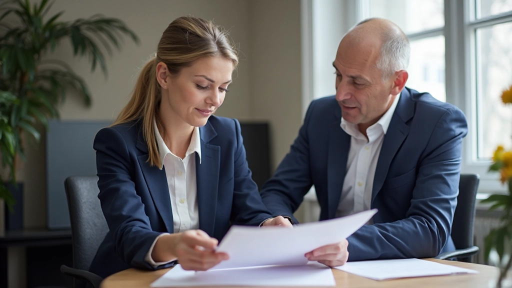 Professional career consultant discussing development strategy with client in modern office setting